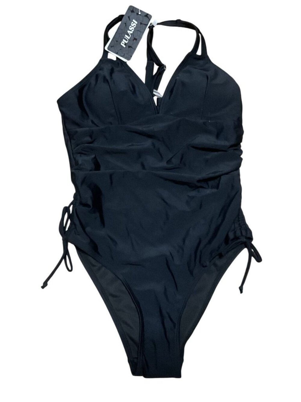 NWT Pulassi Black One-Piece Swimsuit Size S Ruched Front & Halter Neck Womens